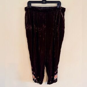 Johnny Was Velvet Pants with Floral Embroidery - Dark Brown size large